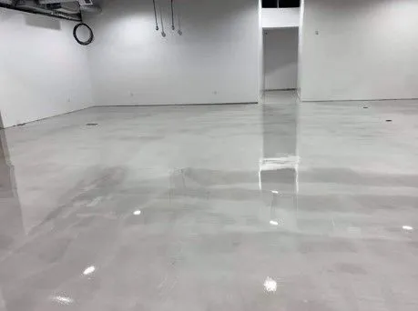 Shiny, light gray epoxy floor in an empty room with white walls and an open doorway.